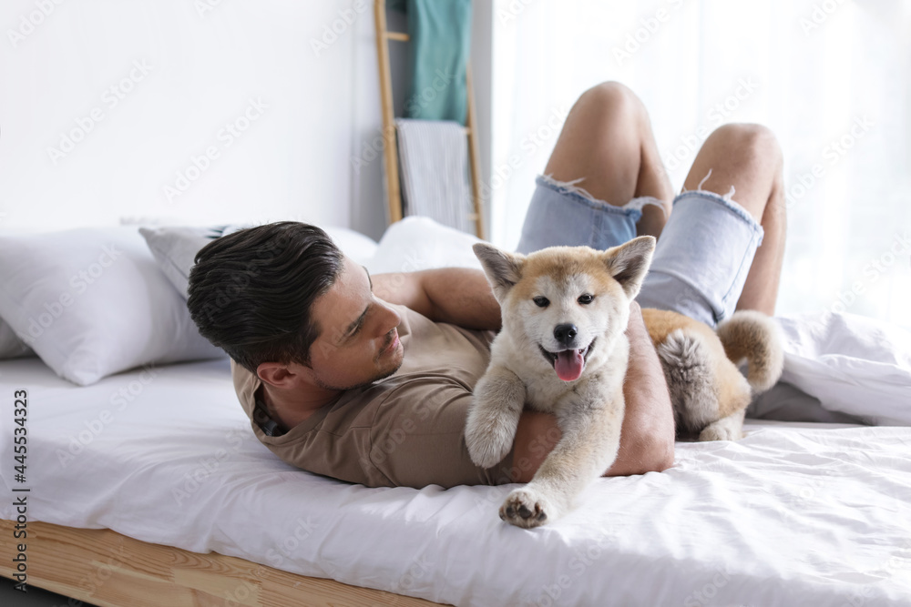 Happy man with his cute Akita Inu puppy at home Happy man with his cute Akita Inu puppy at home
