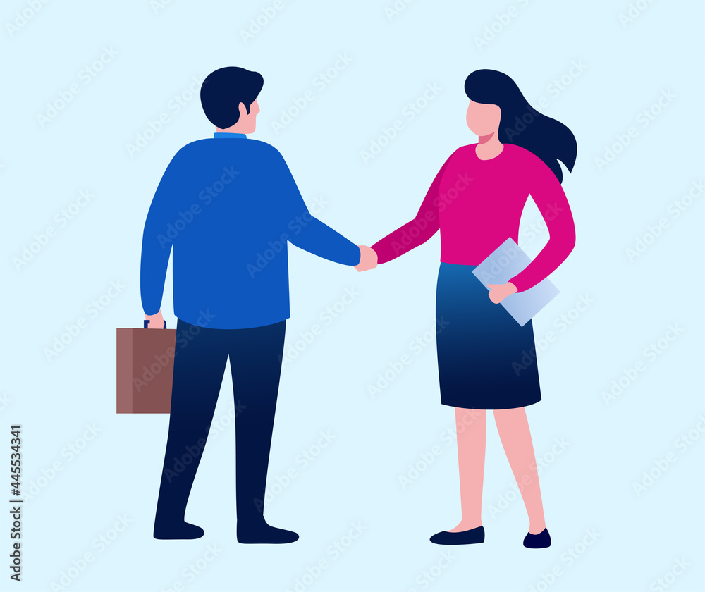 Man and women hand shaking represent a partnership. Agreement concept. Flat vector illustration template Man and women hand shaking represent a partnership. Agreement concept. Flat vector illustration template