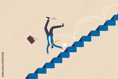Business risk, mistake or failure, challenge or problem and difficulty, accident causing bankruptcy concept, misfortune businessman fall down stairs in economic crisis or career stumble. photo