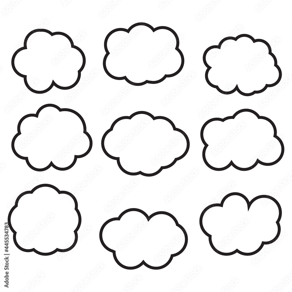 blank white speech bubbles set. cartoon doodles chat box with different cloud shape and black frame isolated on white background