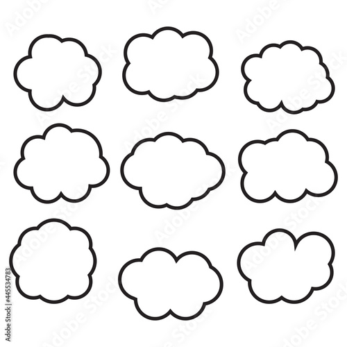 blank white speech bubbles set. cartoon doodles chat box with different cloud shape and black frame isolated on white background