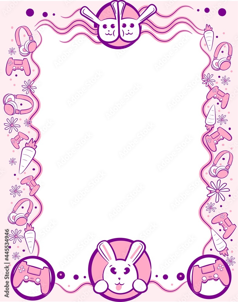 Pink and purple kawaii frame with bunnies for gamers. Cute border for kids with headphones, gamepads, carrots and flowers.Adorable layout template for baby showers, scrapbooks and birthday invitations Pink and purple kawaii frame with bunnies for gamers. Cute border for kids with headphones, gamepads, carrots and flowers.Adorable layout template for baby showers, scrapbooks and birthday invitations