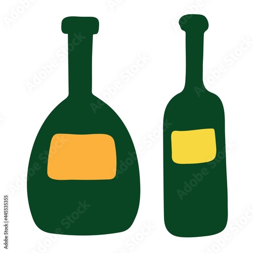Glass bottle for wine or drink, drawn in flat style. Set of simple vector illustration. Isolated on white
