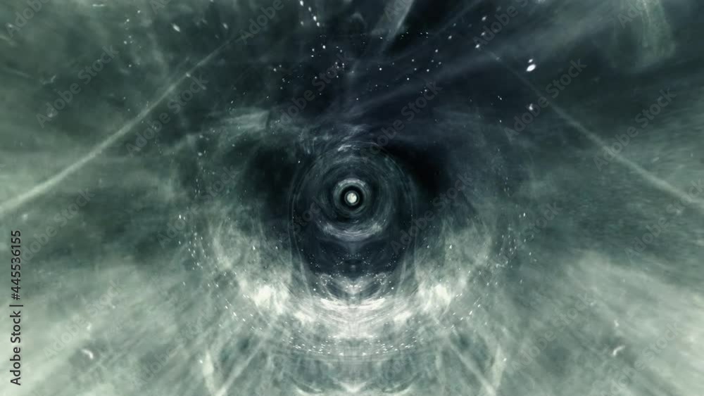 Space fly to grunge green blue wormhole tunnel through space time vortex loop background. 4K 3D render Sci-Fi interstellar travel through wormhole in hyperspace. Abstract cloud interstellar flight.