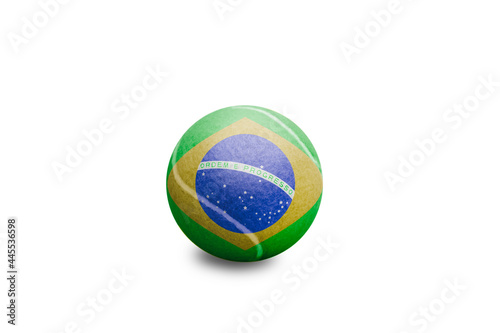 Tennis ball with the coloured national flag of Brazil on the white background