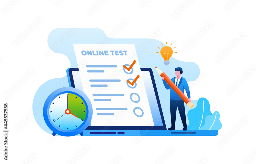 Online test with laptop flat vector illustration for banner and landing page Online test with laptop flat vector illustration for banner and landing page