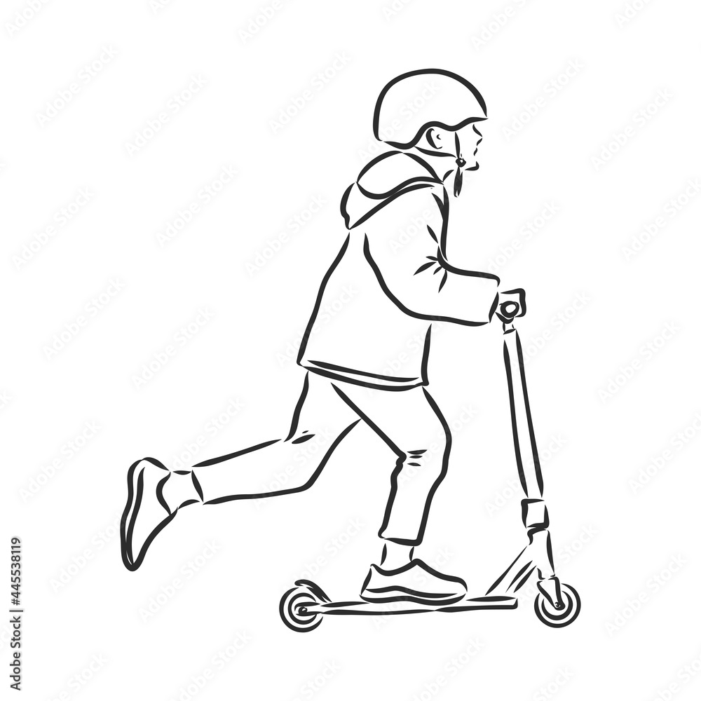 Continuous line woman rides an electric scooter with raised leg Continuous line woman rides an electric scooter with raised leg