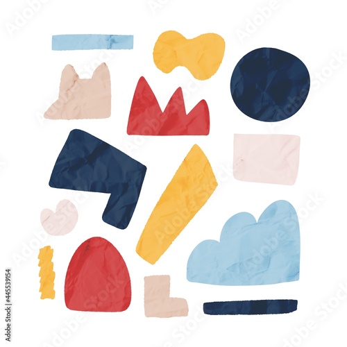 Collection of various colorful torn paper shapes with crumpled texture. Design elements, banners, backdrops with empty space for text isolated on white background.