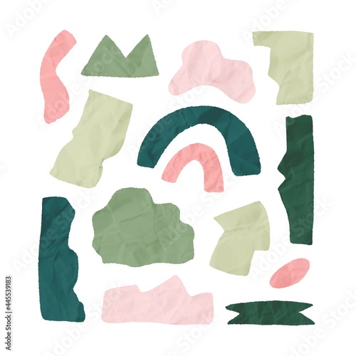 Set of different torn paper shapes with crumpled texture in natural green and pink colors. Design elements, banners, backdrops with empty space for text isolated on white background.