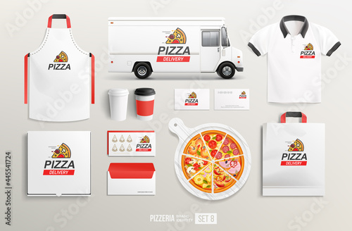 White brand identity set of Pizzeria equipment mockups box, flyer, menu, food package. Concept of logo Pizza shop, restaurant stationery mockup. template Vector white food truck