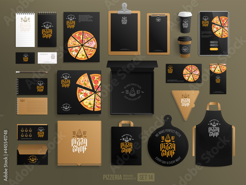 Pizzeria black brand identity design of cafe items poster, pizza slice box, flyer, menu, package Concept of logo for Pizza shop, restaurant Black design branding. Top view Cafe branding equipment