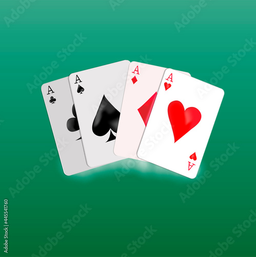 cards are laid out on a green table. Gambling. Four aces. Playing poker, casino, playing table. Vector illustration of playing cards for a poster, banner, website