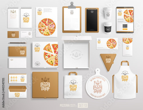 White brand identity of Pizzeria items set of poster, box, flyer, food package. Concept of logo Pizza shop, restaurant stationery mockup set for advertising and decoration. Cafe branding equipment