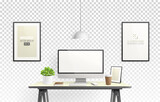 Realistic vector office creative space with display on desk table - workspace mockup template. Editable Mockup set of creative workspace background with computer desktop and frame on wall