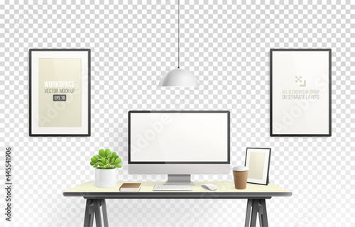 Realistic vector office creative space with display on desk table - workspace mockup template. Editable Mockup set of creative workspace background with computer desktop and frame on wall