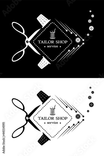 Tailor shop service. Logo in the form of a fish made from sewing supplies. Vector