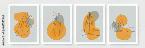Modern abstract boho style hand gesture. Aesthetic hand-drawn modern gesture art contemporary bohemian poster cover template. Organic boho shape for poster, wall decor, wall art, banner, flier and mor
