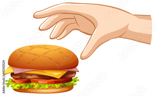 Hand trying to grab hamburger on white background