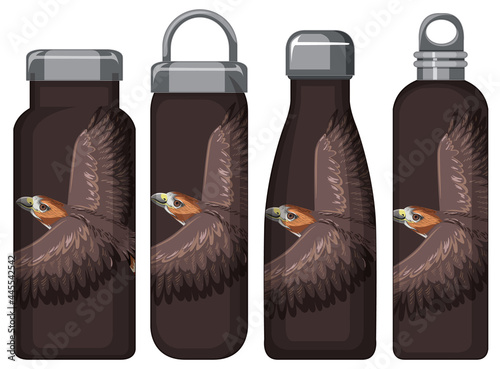 Set of different brown thermos bottles with hawk pattern