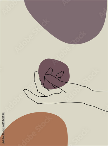 Continuous line vector illustration of two hands barely touching one another. Simple sketch of two hands made of one line, love concept. Hand boho poster art