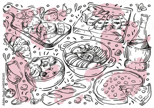 Hand drawn line vector illustration food on white board. Doodle French cuisine: ratatouille, blue cheese, wine, baguette, pie, snails, croissant, grill meat © Krisartist94