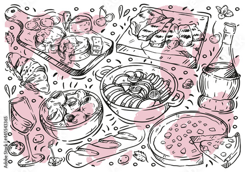 Hand drawn line vector illustration food on white board. Doodle French cuisine: ratatouille, blue cheese, wine, baguette, pie, snails, croissant, grill meat