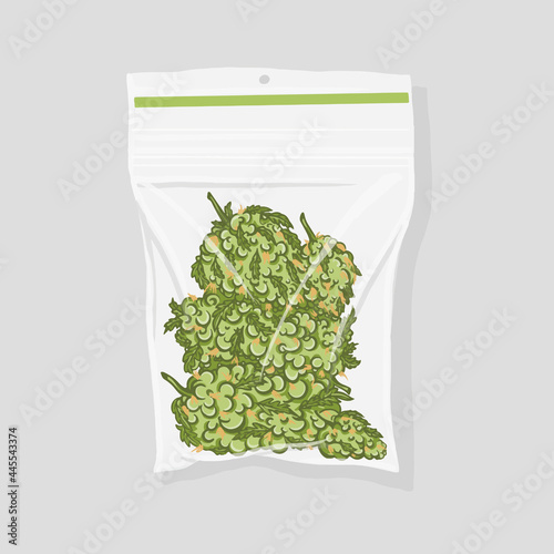Cute funny happy marijuana weed bud in packet.Vector flat cartoon character illustration icon design. Cannabis in packet Isolated on white background.Weed bud,marijuana,medical bud