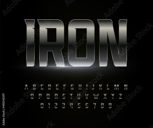 Iron font alphabet Metal steel chrome letters. Stainless metallic typography. High bold strong futuristic typographic design. Isolated vector typeset