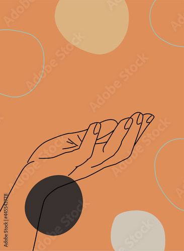 Vector set of hand gesture element in minimal bohemian style. Emblem design templates with different hand gestures. For cosmetics, beauty, spa, manicure, massage. Modern abstract boho hand gesture