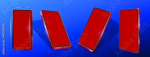 Realistic red smartphone mockup from different angles. Device UI UX mockup template with protective glass. Presentation new smartphone