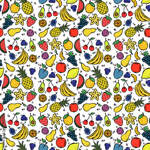 Seamless colored fruits pattern. Doodle illustration with fruit pattern on white background. Vintage fruit pattern, sweet elements background for your project, menu, cafe shop. 