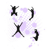 Jumping people silhouettes on half dot ink splot background