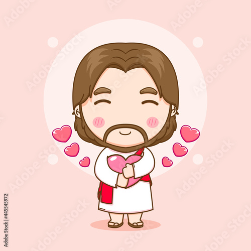 Cartoon illustration of cute Jesus hugging love
