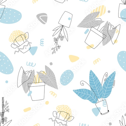 Modern seamless pattern with tropical plants in pots.