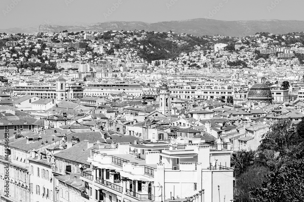Aerial view of Nice old town, holiday resort town on the french Mediterranean riviera in Nice, Cote d'Azur, France