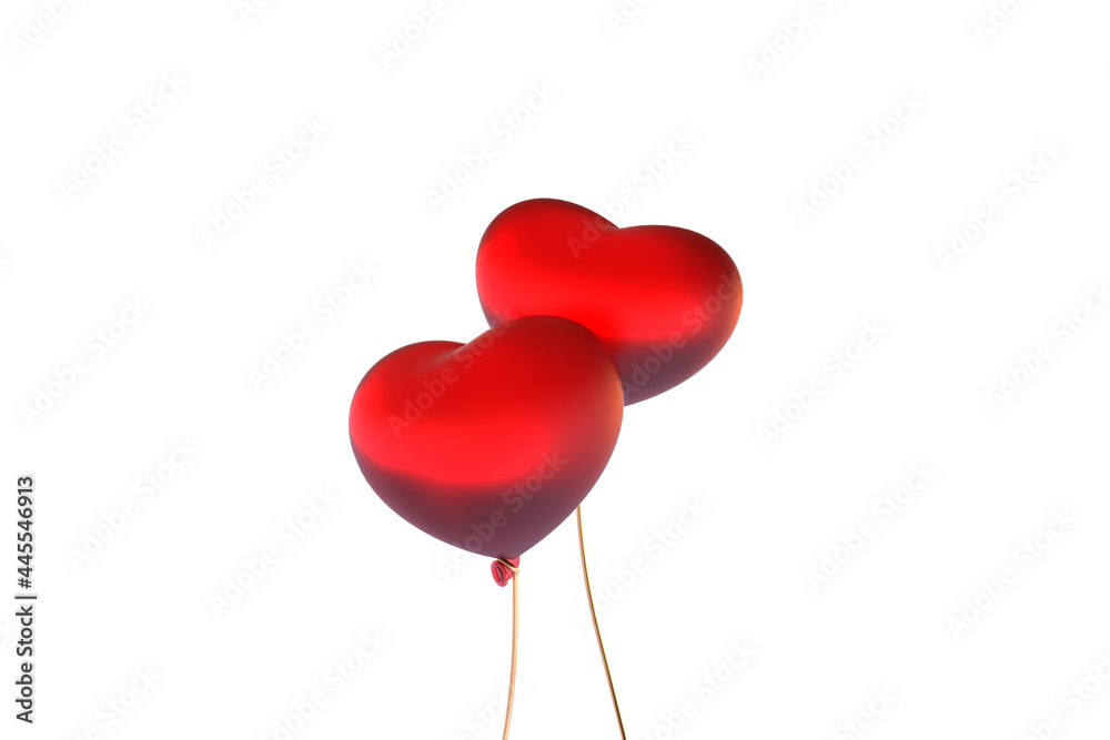 two red heart shaped balloons on golden string - bubble glass - abstract 3D illustration - isolated on white - copy space