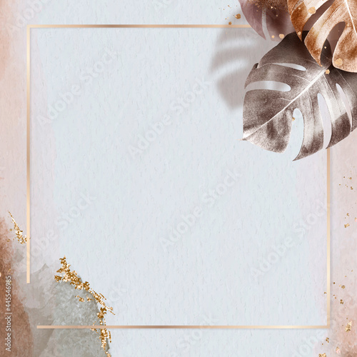 Square gold frame with metallic monstera leaf background vector