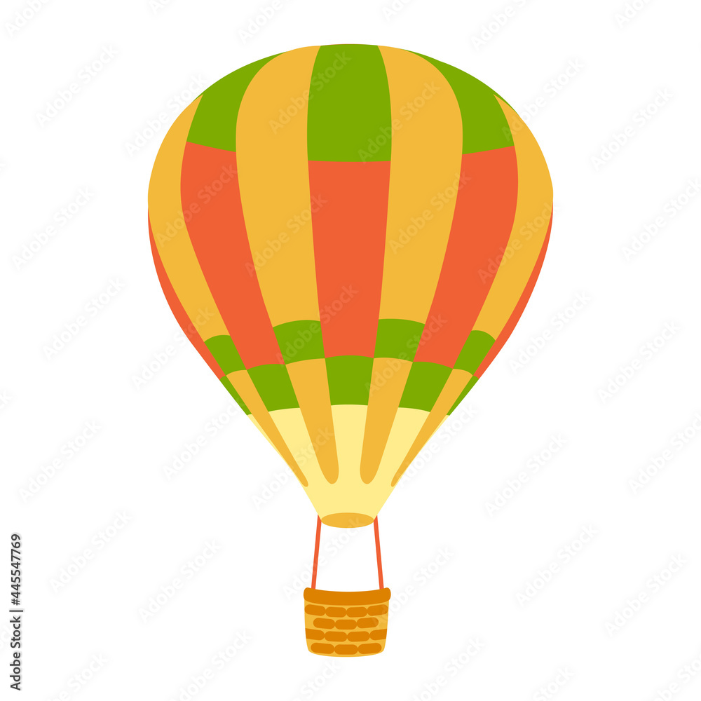 Naklejka premium Striped hot air balloon in cartoon style on white background. Vector illustration. Transportation background.