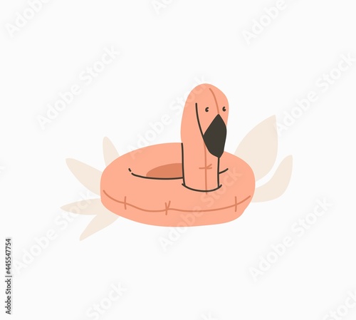 Hand drawn vector abstract stock graphic summer time cartoon,minimalistic illustrations print with bohemian beautiful beach flamingo float cocktail ring with lemonade,isolated on white background.