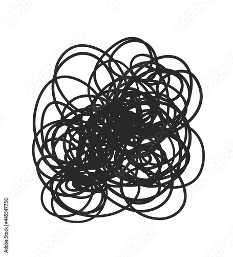 Chaos. Abstract tangled shape. Random chaotic lines. Hand drawn scrawls. Black and white illustration