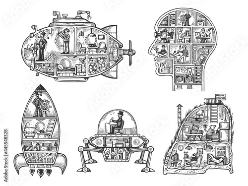 Vintage machine fantastic science fiction interior vehicles line art sketch engraving vector illustration. T-shirt apparel print design. Scratch board imitation. Black and white hand drawn image.