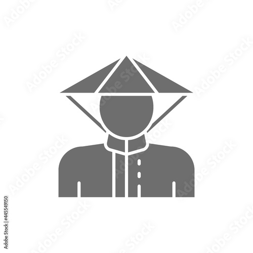 Chinese man in traditional hat grey icon.