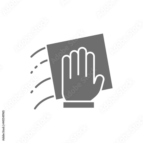 Hand with a rag, cleaning grey icon.