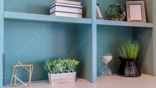 Bilde på lerret Pano Living room interior with close up of the display shelves of built in cabin