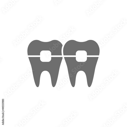 Teeth with braces, orthodontics, brackets grey icon.