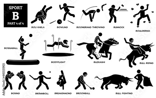 Sport games alphabet B vector icons pictogram. Boli Khela, bowling, boomerang, bunnock, bouldering, bossaball, bodyflight, buzkashi, bull riding fighting, boxing, brannboll, breakdance, and broomball.