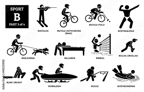 Sport games alphabet B vector icons pictogram. Biathlon, bicycle motocross, bicycle polo, bodybuilding, bikejoring, billiards, biribol, bolas criollas, blind cricket, bobsleigh, bocce, bodyboarding.