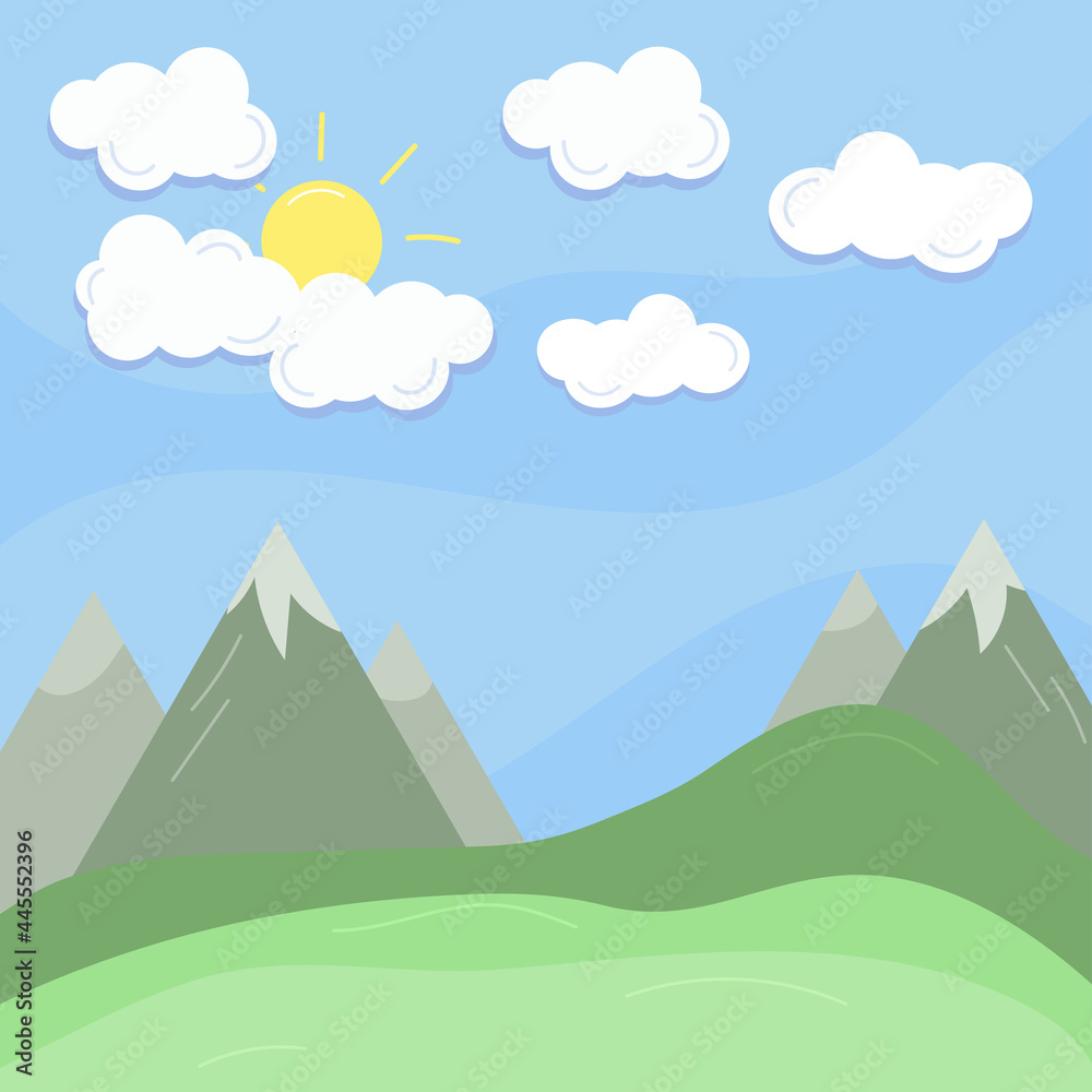 Cloud, sun and mountain summer landscape. Blue sky, grassland. Flat vector illustration