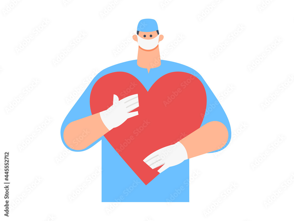 Concept of help, charity, volunteering, mutual assistance, home page of the site. Young doctor, man in a medical uniform holding a heart in his hands. Vector illustration.