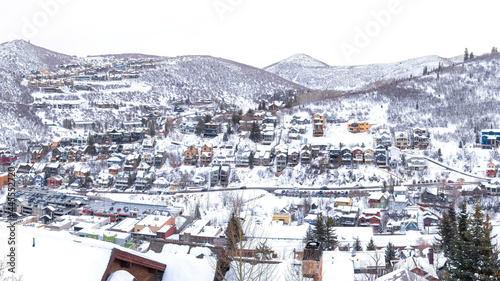 Pano Snow-covered colorful buidings and houses at Park City, Utah